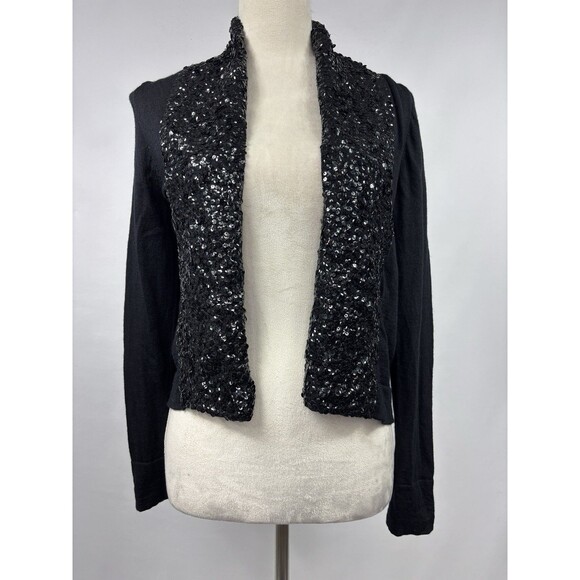 J Crew Wool Cardigan Black Medium Sequin Shawl Neck Cropped Long Sleeve - Picture 2 of 11